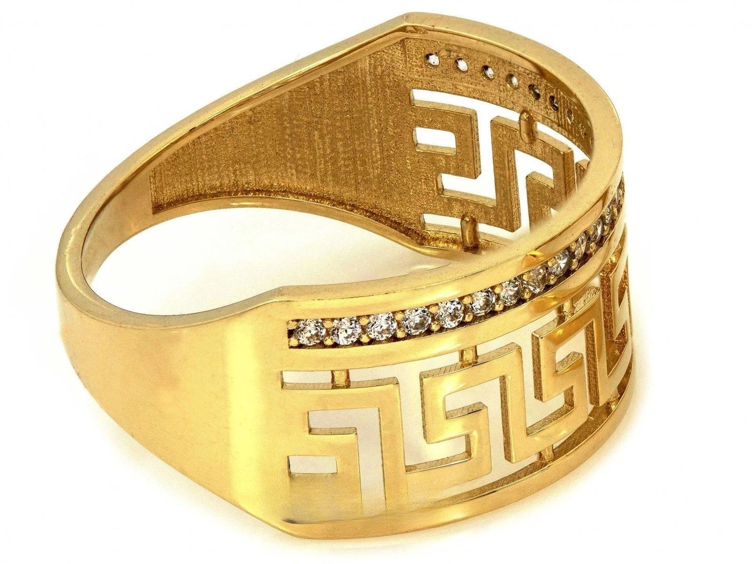 Elegancki pierścionek damski z żółtego złota próby 375, wysadzany cyrkoniami, z motywem greckim. Okazały, błyszczący pierścionek z kolekcji Ornament – idealny na prezent.1.jpg